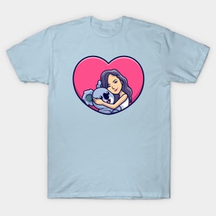 Cute Girl Hug Koala In Love Heart Cartoon T-Shirt